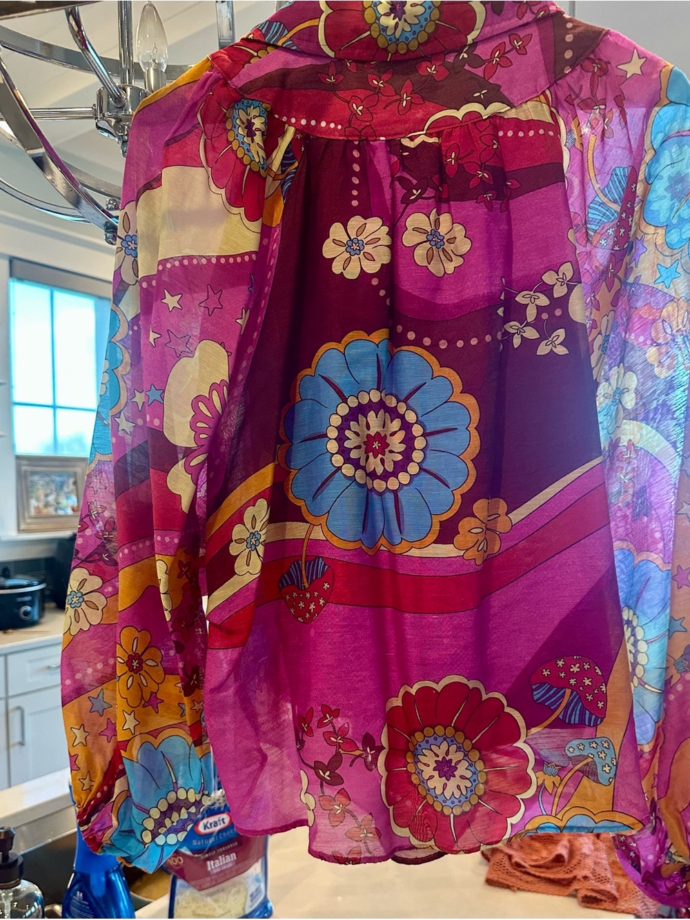 Ciebon- Printed Pink Floral Button-Down Blouse with Balloon Sleeves-XS runs S/M - Picture 8 of 11